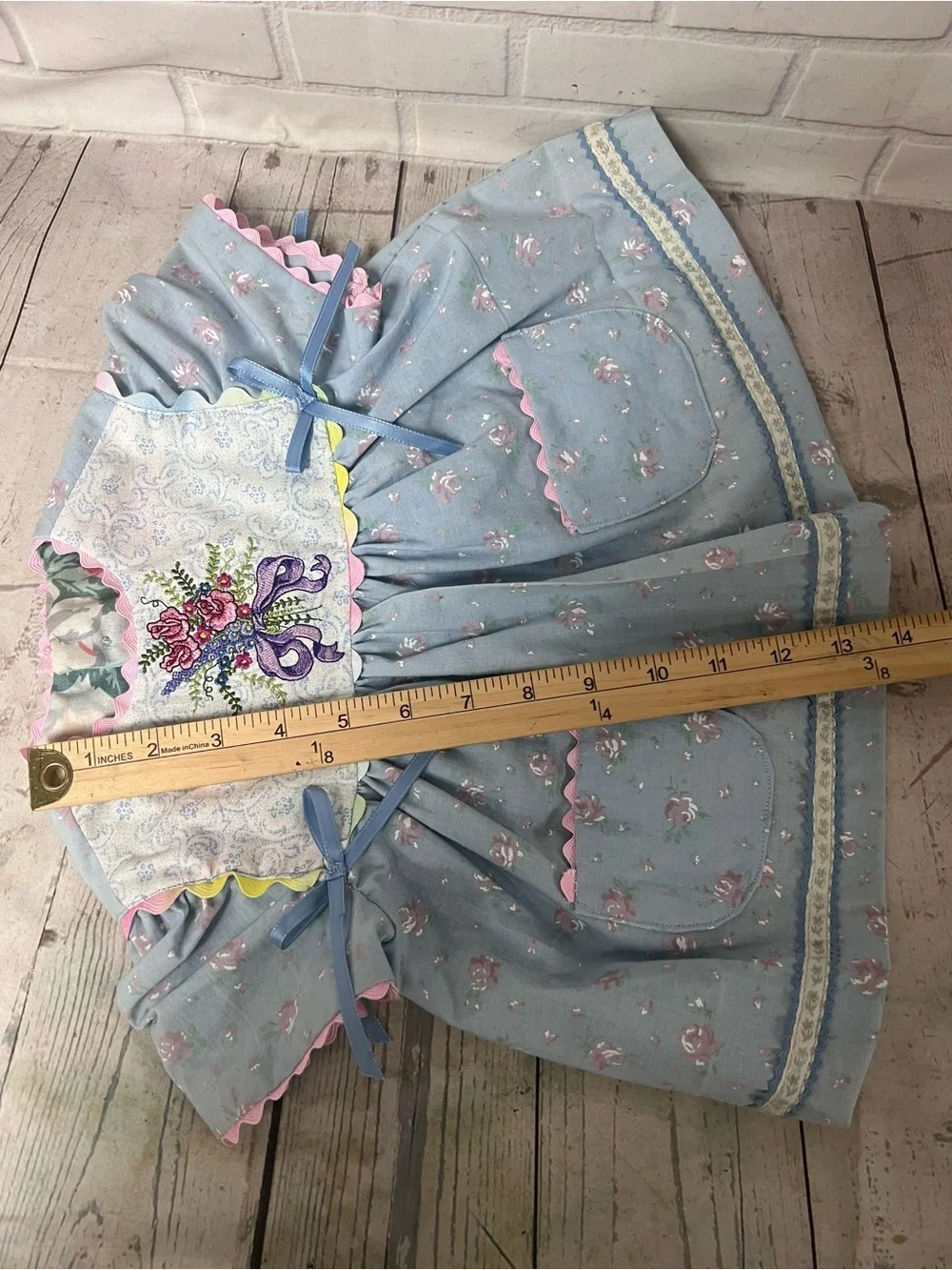 Vintage Hand Made Size 9-12 Months Baby Dress Embroidered Flower Bow Blue
